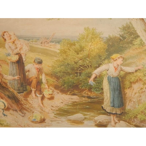 610 - A framed and glazed signed watercolour featuring girls in a stream, 86 x74 cm.