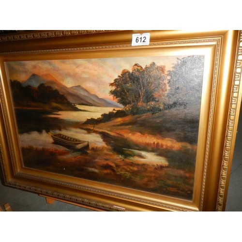 612 - A gilt framed Victorian oil on canvas rural scene with boat, 49 x 69 cm.