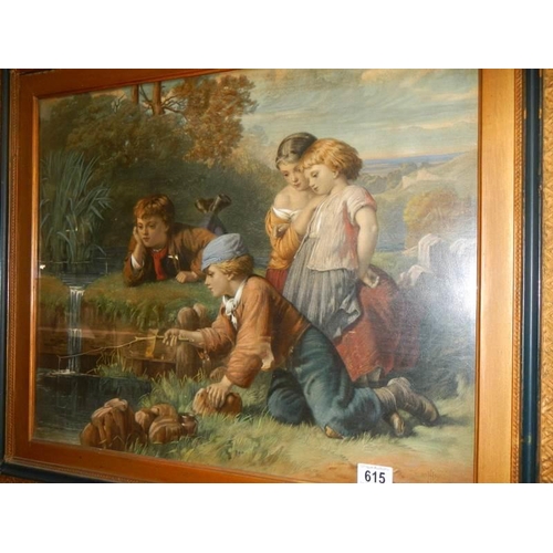 615 - A framed and glazed Victorian picture of boys and girls beside a pond. Dated 1872. 84 x 73 cm.