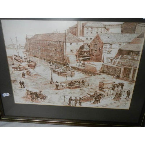 624 - A set of 4 x pen & ink works in sepia tones with gouache highlights of late 19th Century Grimsby, ti... 