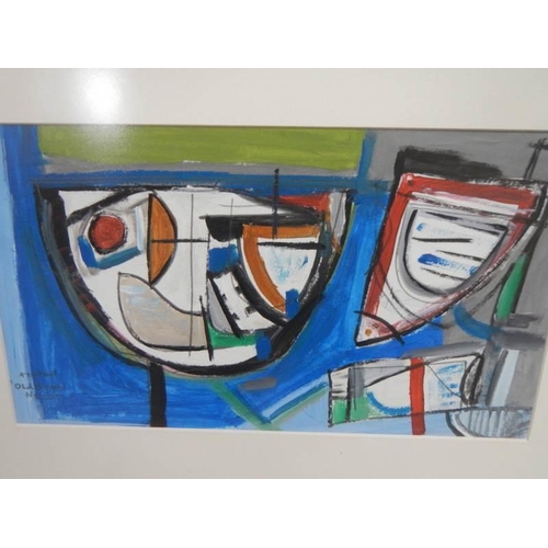 631 - Cornish School abstract painting in acrylics entitled ‘Abstract old boats Newlyn’. Frame size approx... 