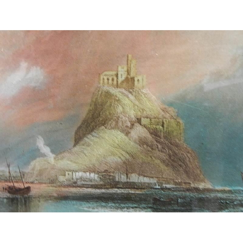 632 - A reverse painting on glass of St. Michaels Mount, Cornwall, 69 x 59 cm.