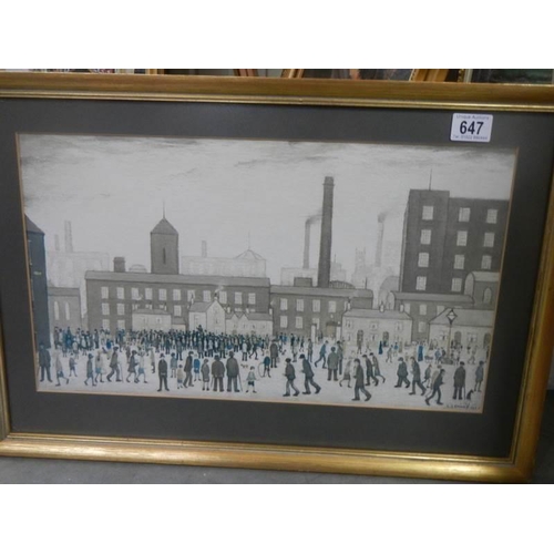 647 - After L S Lowry corca 1970's print entitled 'Outside the Mill' with reflective glass. 62 x 42 cm.