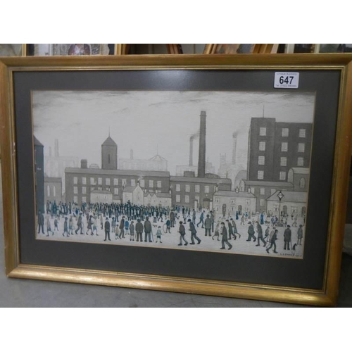 647 - After L S Lowry corca 1970's print entitled 'Outside the Mill' with reflective glass. 62 x 42 cm.