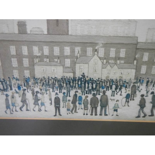 647 - After L S Lowry corca 1970's print entitled 'Outside the Mill' with reflective glass. 62 x 42 cm.