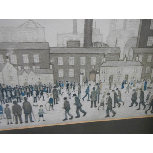 647 - After L S Lowry corca 1970's print entitled 'Outside the Mill' with reflective glass. 62 x 42 cm.