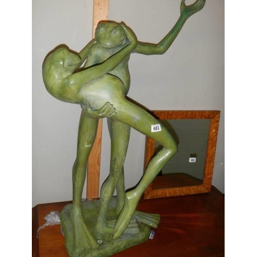 683 - A large heavy verdigris bronze garden statue of frogs dancing. Height 104cm. COLLECT ONLY.