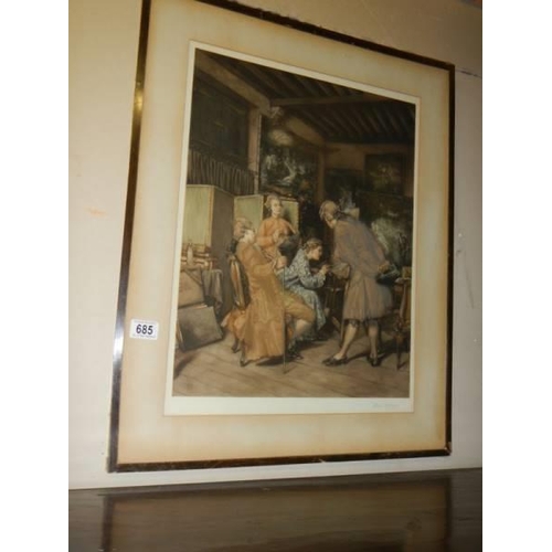 685 - An early 20th century framed and glazed print featuring a Regency scene with artist.