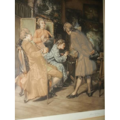 685 - An early 20th century framed and glazed print featuring a Regency scene with artist.