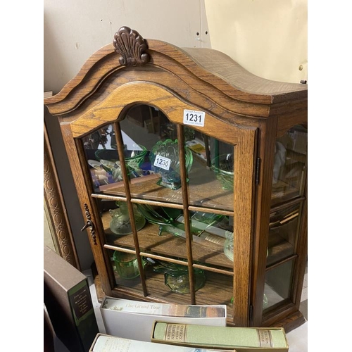 1231 - A dark oak cottage style table top corner display cabinet - 68cm x 38cm x 70cm high