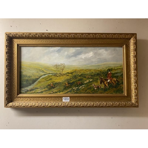 1233 - A gilt frame oil on board of hunting scene on Moorland, A E Webster, dated 1980 - 73cm x 41cm