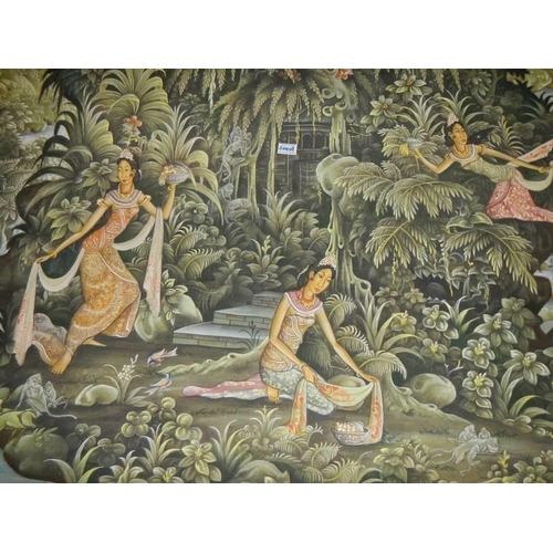 600A - A large unframed painting on canvas of girls in a forest signed Marfhan P D Tegal, Baili, 120 x 210 ... 