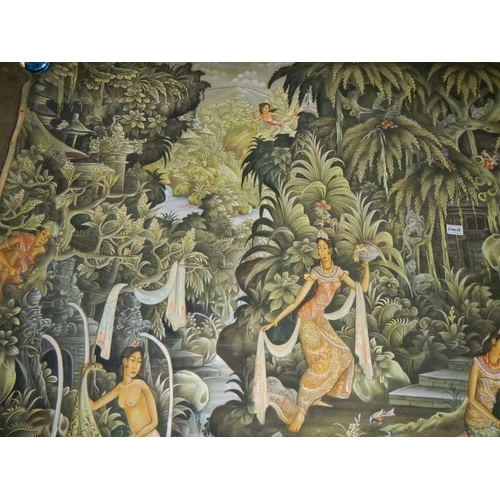 600A - A large unframed painting on canvas of girls in a forest signed Marfhan P D Tegal, Baili, 120 x 210 ... 