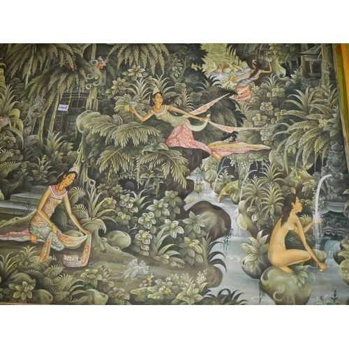 600A - A large unframed painting on canvas of girls in a forest signed Marfhan P D Tegal, Baili, 120 x 210 ... 