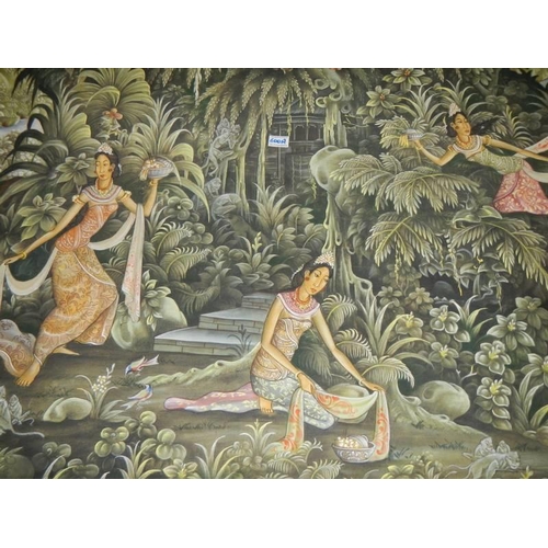 600A - A large unframed painting on canvas of girls in a forest signed Marfhan P D Tegal, Baili, 120 x 210 ... 