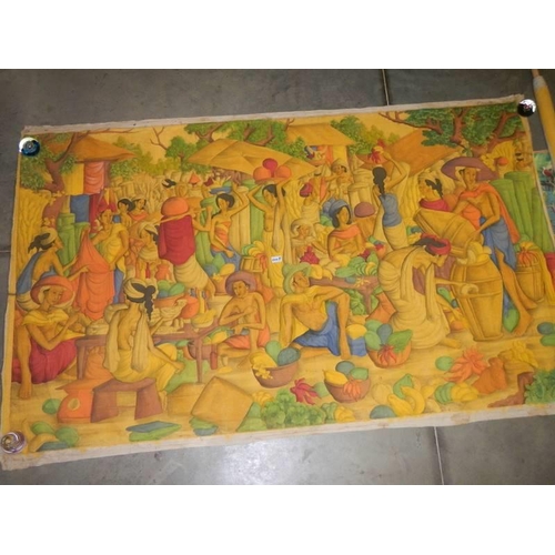 600B - A large unframed painting on canvas of market traders in a village, unsigned, 130 x 224 cm.