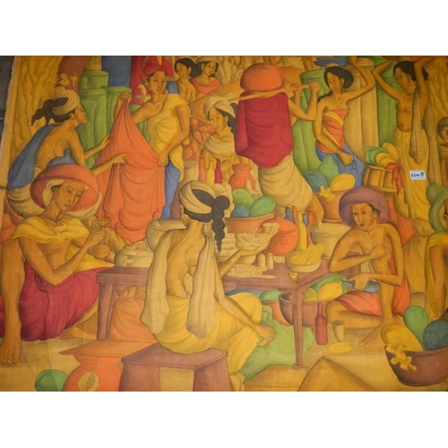 600B - A large unframed painting on canvas of market traders in a village, unsigned, 130 x 224 cm.