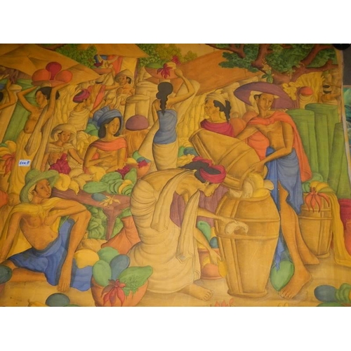 600B - A large unframed painting on canvas of market traders in a village, unsigned, 130 x 224 cm.