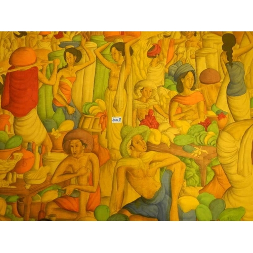 600B - A large unframed painting on canvas of market traders in a village, unsigned, 130 x 224 cm.