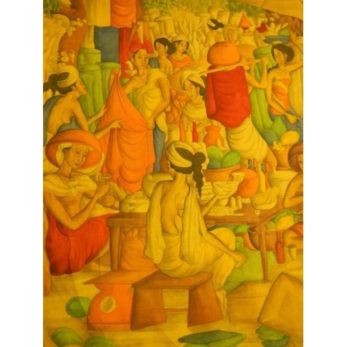 600B - A large unframed painting on canvas of market traders in a village, unsigned, 130 x 224 cm.