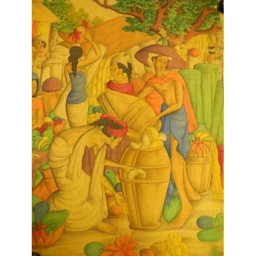 600B - A large unframed painting on canvas of market traders in a village, unsigned, 130 x 224 cm.