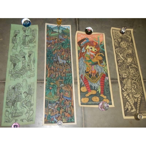 600F - Four unframed paintings on canvas - 1. signed W Radjin Batuan Balu, 2. L Dharmadutra Batuan, 3. M D ... 