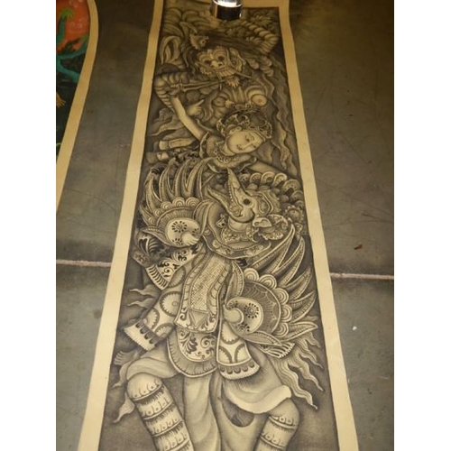 600F - Four unframed paintings on canvas - 1. signed W Radjin Batuan Balu, 2. L Dharmadutra Batuan, 3. M D ... 