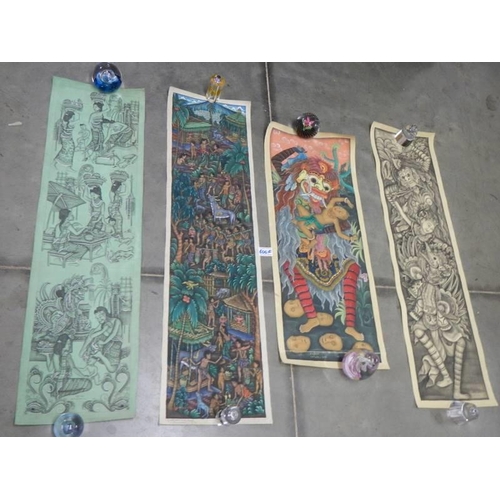 600F - Four unframed paintings on canvas - 1. signed W Radjin Batuan Balu, 2. L Dharmadutra Batuan, 3. M D ... 