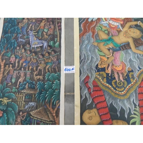 600F - Four unframed paintings on canvas - 1. signed W Radjin Batuan Balu, 2. L Dharmadutra Batuan, 3. M D ... 