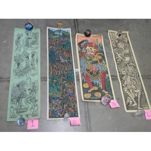 600F - Four unframed paintings on canvas - 1. signed W Radjin Batuan Balu, 2. L Dharmadutra Batuan, 3. M D ... 