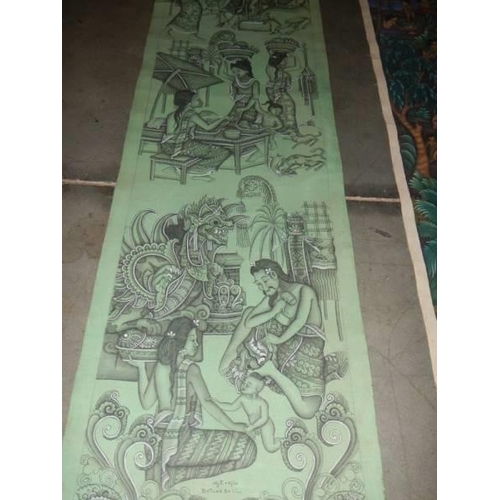 600F - Four unframed paintings on canvas - 1. signed W Radjin Batuan Balu, 2. L Dharmadutra Batuan, 3. M D ... 