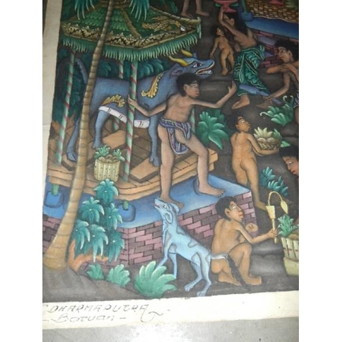 600F - Four unframed paintings on canvas - 1. signed W Radjin Batuan Balu, 2. L Dharmadutra Batuan, 3. M D ... 