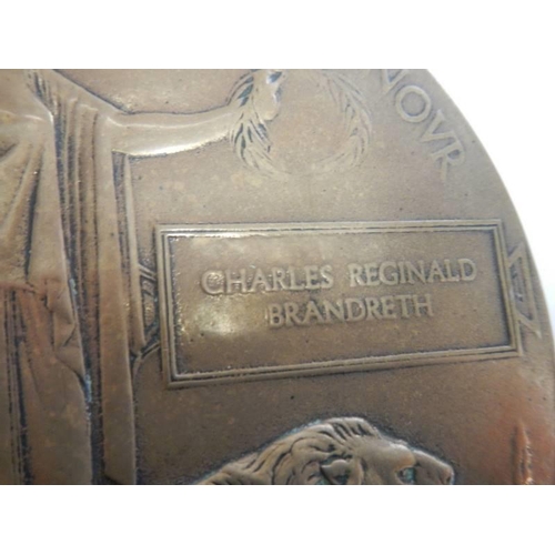 200U - A WW1 memorial plaque of Charles Reginald Brandreth believed to be second lieutenant of Sherwood and... 