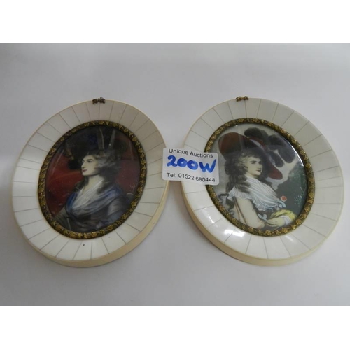 200W - A pair of bone framed oval signed miniatures.