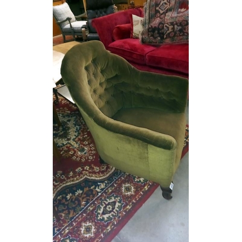 1649 - An Edwardian deep buttoned tub chair, missing a castor COLLECT ONLY.