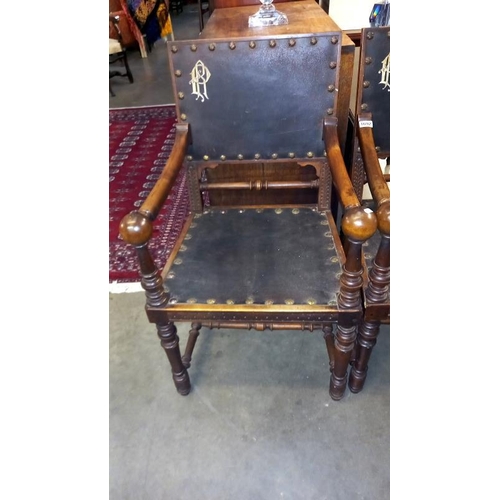 1692 - A pair of Georgian mahogany monogrammed carver chairs with large buttoned leather panels COLLECT ONL... 