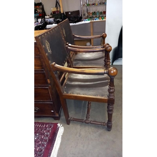 1692 - A pair of Georgian mahogany monogrammed carver chairs with large buttoned leather panels COLLECT ONL... 