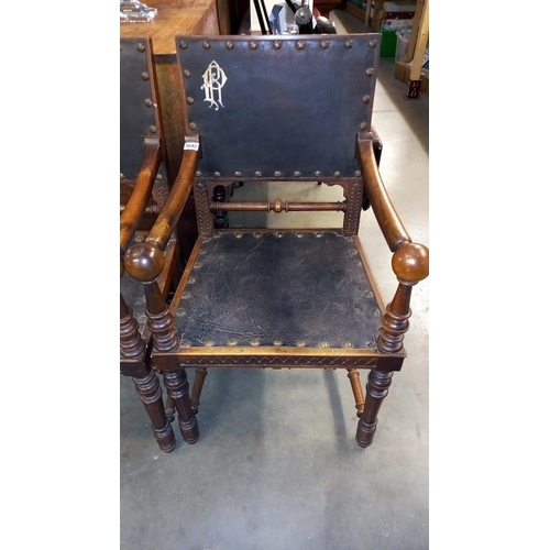 1692 - A pair of Georgian mahogany monogrammed carver chairs with large buttoned leather panels COLLECT ONL... 