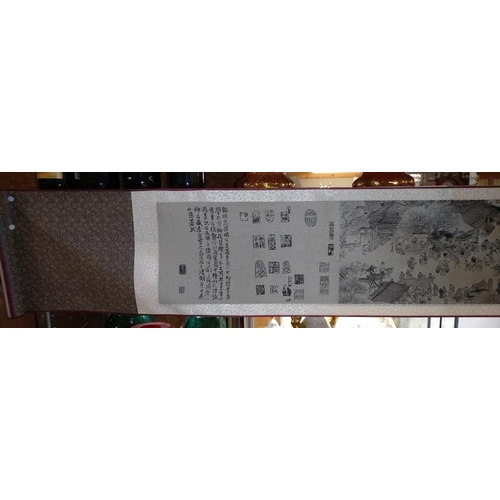 490A - A 20th century Chinese scroll with landscape buildings, signed/seals approximately 18.5 feet long