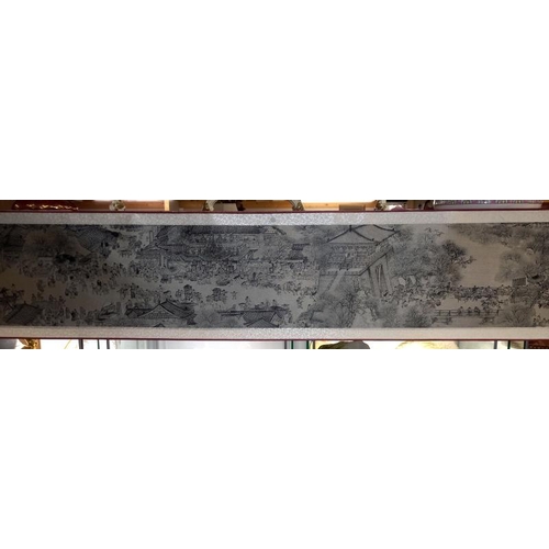 490A - A 20th century Chinese scroll with landscape buildings, signed/seals approximately 18.5 feet long