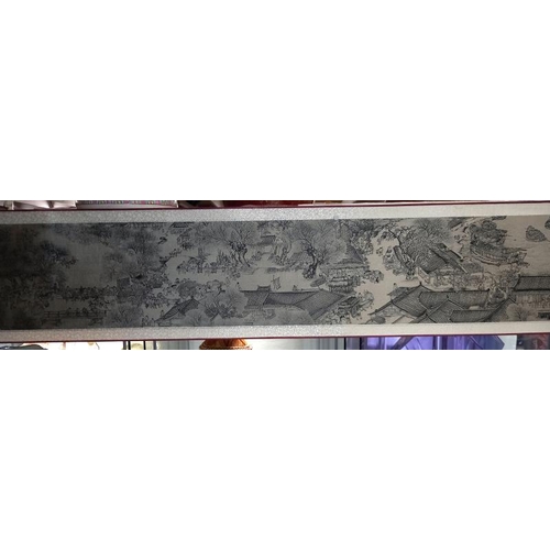 490A - A 20th century Chinese scroll with landscape buildings, signed/seals approximately 18.5 feet long