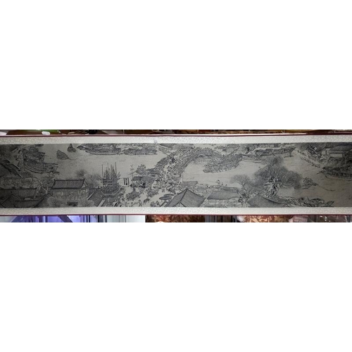 490A - A 20th century Chinese scroll with landscape buildings, signed/seals approximately 18.5 feet long