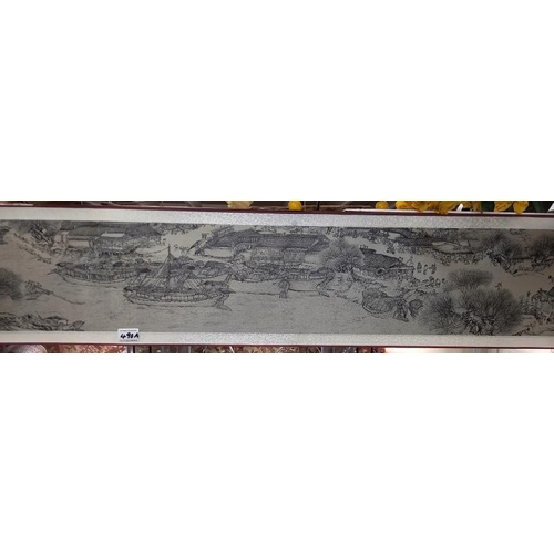 490A - A 20th century Chinese scroll with landscape buildings, signed/seals approximately 18.5 feet long