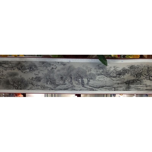 490A - A 20th century Chinese scroll with landscape buildings, signed/seals approximately 18.5 feet long