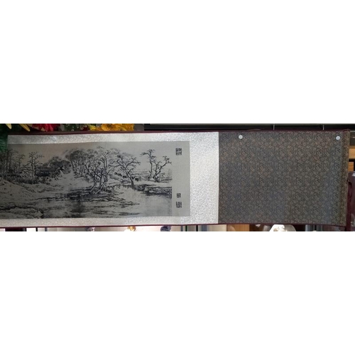 490A - A 20th century Chinese scroll with landscape buildings, signed/seals approximately 18.5 feet long