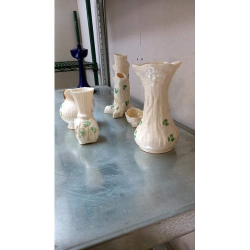 520C - A collection of Irish Belleek porcelain, all marked with Belleek stamps (3 vases. 1 jug & a small di... 