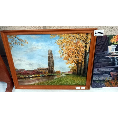 620H - A framed 20th century British school oil on canvas entitled 'Boston Stump on the river' signed with ... 