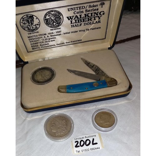 200L - A boxed collectors coin and knife series set 'Walking Liberty Dollar' and other American coins.