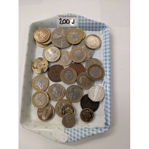 200J - A mixed lot of unusual coins including 50p & £2 including a copy of the Kew Gardens 50p, no date 20p... 