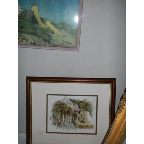 87 - A gilt framed desert scene, a study of a reclining figure and two framed and glazed pictures.